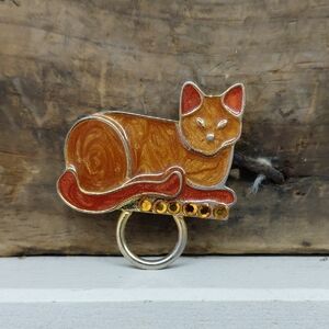 Vintage Signed Newpro Enamel Cat Rhinestone Brooch